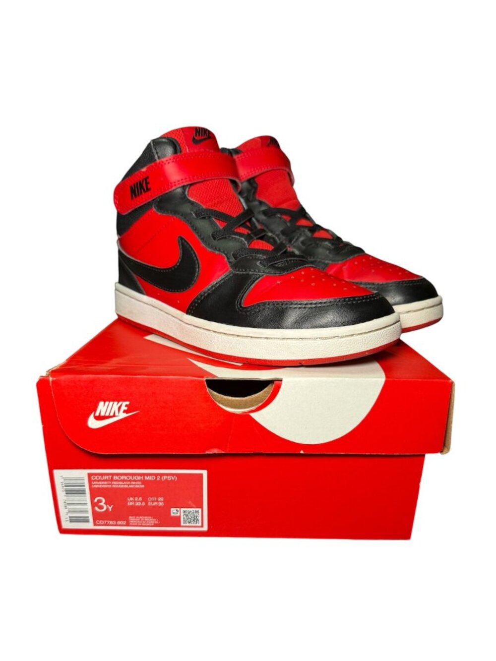 Nike Court Borough Mid 2 Kids Sneakers University Red Black White Size 3Y